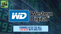 A graphic featuring the Western Digital (WD) logo in a blue rounded rectangle, next to the company name 'Western Digital' in black and white text. The top left corner shows the '24/7 WALL ST' logo on a green background. A light blue banner at the bottom announces 'EARNINGS AFTER THE BELL LIVE BLOG WITH ANALYSIS', with 'LIVE BLOG' highlighted in red. The background is a digital pattern of numbers and lines in shades of green and blue.