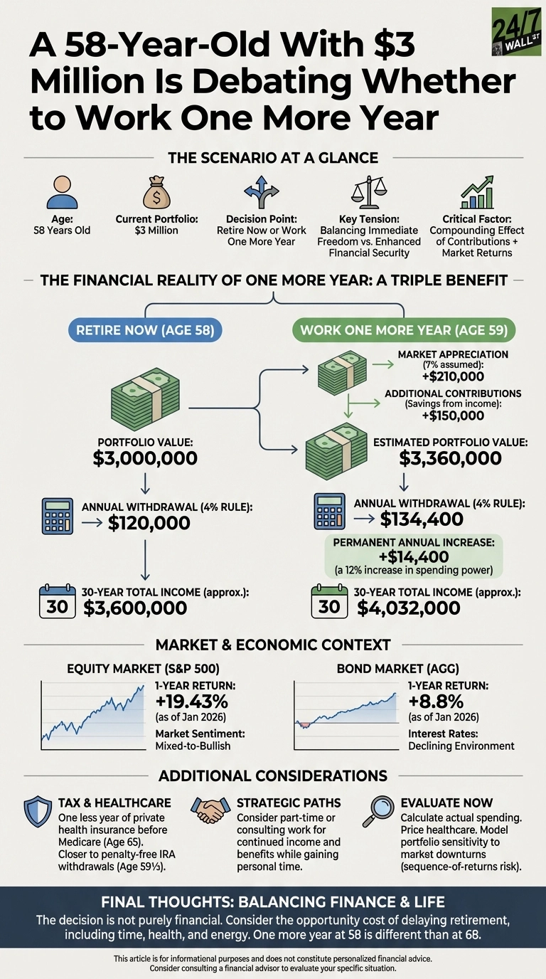 An infographic titled 'A 58-Year-Old With $3 Million Is Debating Whether to Work One More Year'. It presents a scenario at a glance, showing icons for Age (58), Current Portfolio ($3 Million), Decision Point (Retire now or Work one more year), Key Tension (Balancing immediate freedom vs. enhanced financial security), and Critical Factor (Compounding effect of contributions + market returns). The central section, 'The Financial Reality of One More Year: A Triple Benefit', compares two paths: 'Retire Now (Age 58)' and 'Work One More Year (Age 59)'. For 'Retire Now', a $3,000,000 portfolio leads to a $120,000 annual withdrawal (4% rule) and a $3,600,000 30-year total income. For 'Work One More Year', the initial portfolio plus $210,000 market appreciation (7% assumed) and $150,000 additional contributions results in an estimated portfolio of $3,360,000. This leads to a $134,400 annual withdrawal, a permanent annual increase of $14,400 (a 12% increase in spending power), and a $4,032,000 30-year total income. Below this are 'Market & Economic Context' with line graphs: Equity Market (S&P 500) showing a 1-year return of +19.43% (as of Jan 2026) and 'Mixed-to-Bullish' sentiment, and Bond Market (AGG) showing a 1-year return of +8.8% (as of Jan 2026) and 'Declining Environment' for interest rates. 'Additional Considerations' include sections on 'Tax & Healthcare', 'Strategic Paths', and 'Evaluate Now', detailing factors like health insurance, IRA withdrawals, part-time work, and calculating spending. Final thoughts emphasize balancing finance and life, stating the decision isn't purely financial.