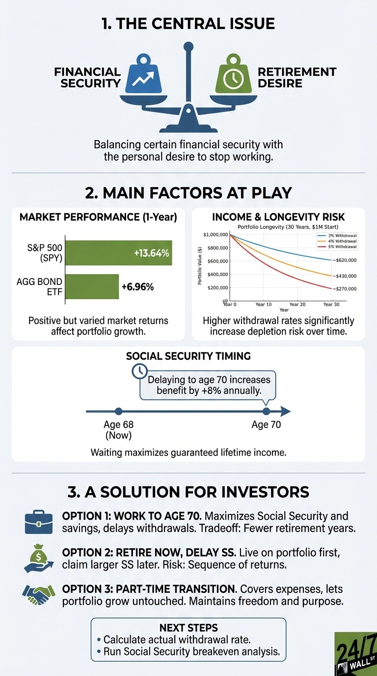 An infographic titled 'THE CENTRAL ISSUE' shows a scale balancing 'FINANCIAL SECURITY' (blue icon of person with an up-trending graph) and 'RETIREMENT DESIRE' (green icon of a clock with a dollar sign). Text below states 'Balancing certain financial security with the personal desire to stop working.' The next section, 'MAIN FACTORS AT PLAY,' includes three sub-sections. First, a bar chart 'MARKET PERFORMANCE (1-Year)' shows S&P 500 (SPY) at +13.64% and AGG BOND ETF at +6.96%. Second, a line graph 'INCOME & LONGEVITY RISK' displays 'Portfolio Longevity (30 Years, $1M Start)' with three lines showing portfolio value decline over 30 years for 3%, 4%, and 5% withdrawal rates, ending at approximately $620,000, $430,000, and $270,000 respectively. Text below states higher withdrawal rates significantly increase depletion risk over time. Third, a timeline 'SOCIAL SECURITY TIMING' shows an arrow from 'Age 68 (Now)' to 'Age 70,' with a speech bubble noting that delaying to age 70 increases benefits by +8% annually. Text below indicates waiting maximizes guaranteed lifetime income. The final section, 'A SOLUTION FOR INVESTORS,' presents three options: '1: WORK TO AGE 70' (with a briefcase icon), '2: RETIRE NOW, DELAY SS' (with a hand holding a money bag icon), and '3: PART-TIME TRANSITION' (with a shaking hands icon). Each option includes a brief description. Below these, 'NEXT STEPS' lists 'Calculate actual withdrawal rate.' and 'Run Social Security breakeven analysis.' A '24/7 WALL ST' logo is in the bottom right corner.