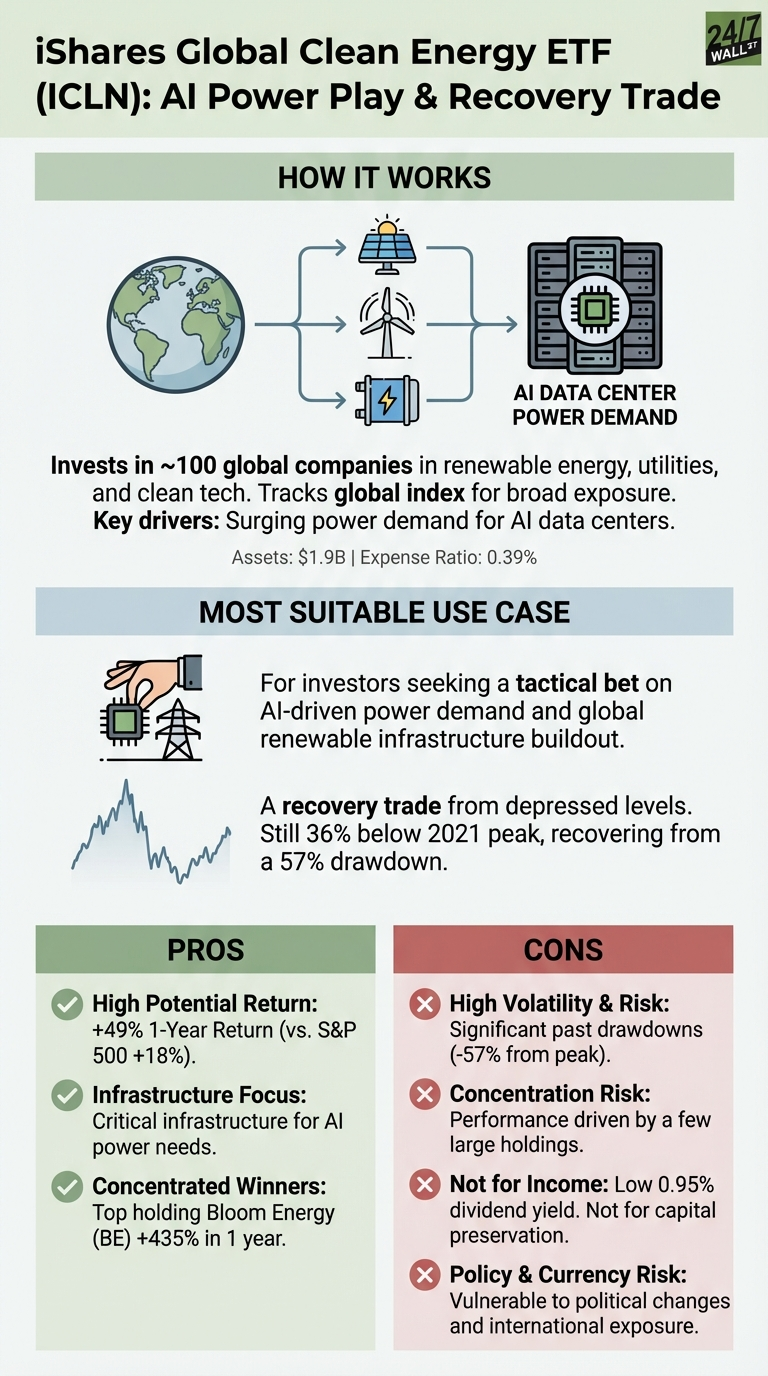 An infographic titled 'iShares Global Clean Energy ETF (ICLN): AI Power Play &amp; Recovery Trade'. It is divided into several sections. 'HOW IT WORKS' shows a diagram where the Earth is connected to solar panels, wind turbines, and a power grid symbol, which then connect to an AI data center. Text explains it invests in ~100 global companies for renewable energy and clean tech, driven by surging AI power demand, with assets of $1.9B and expense ratio of 0.39%. The 'MOST SUITABLE USE CASE' section describes it as a tactical bet on AI-driven power demand and a recovery trade from depressed levels, still 36% below 2021 peak after a 57% drawdown. The 'PROS' section lists: High Potential Return (+49% 1-Year vs. S&amp;P 500 +18%), Infrastructure Focus for AI power, and Concentrated Winners (e.g., Bloom Energy +435%). The 'CONS' section lists: High Volatility &amp; Risk (-57% drawdown), Concentration Risk, Not for Income (0.95% dividend yield), and Policy &amp; Currency Risk.