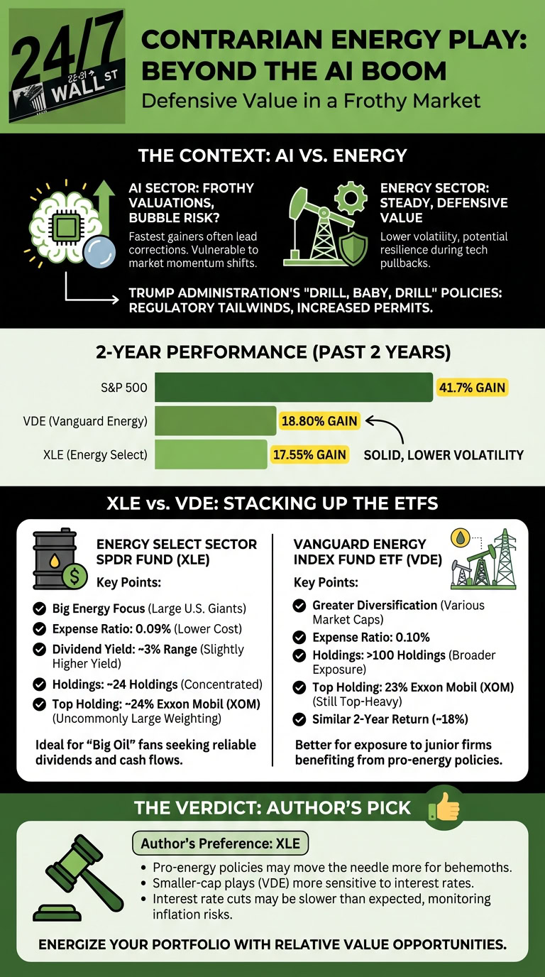 An infographic contrasting AI and Energy sectors for investment, showing performance charts and detailed comparisons of XLE and VDE energy ETFs. It features icons of a brain with circuits, an oil rig with a shield, an oil barrel, and a gavel, concluding with an author's recommendation for XLE.