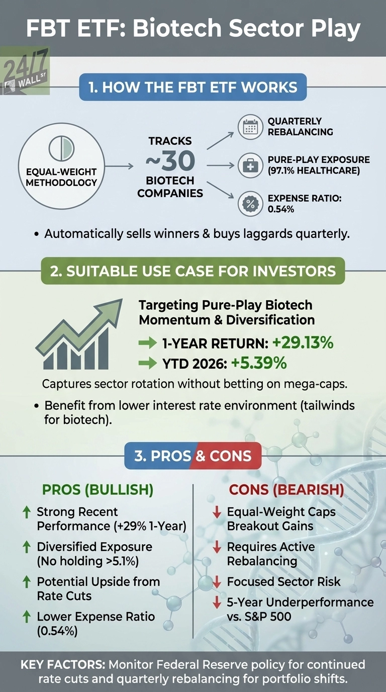 An infographic titled 'FBT ETF: Biotech Sector Play' with a light blue background, divided into three main sections. Section 1, 'How the FBT ETF Works', shows a diagram illustrating that an 'Equal-Weight Methodology' tracks '~30 Biotech Companies,' leading to 'Quarterly Rebalancing,' 'Pure-Play Exposure (97.1% Healthcare),' and an 'Expense Ratio: 0.54%.' A bullet point states it 'Automatically sells winners & buys laggards quarterly.' Section 2, 'Suitable Use Case for Investors', features an upward-trending bar chart icon and text indicating it targets 'Pure-Play Biotech Momentum & Diversification' with a '1-Year Return: +29.13%' and 'YTD 2026: +5.39%.' It notes it 'Captures sector rotation without betting on mega-caps' and benefits from 'lower interest rate environment.' Section 3, 'Pros & Cons', is split into two columns: 'Pros (Bullish)' in green and 'Cons (Bearish)' in red. Pros include 'Strong Recent Performance (+29% 1-Year),' 'Diversified Exposure (No holding >5.1%),' 'Potential Upside from Rate Cuts,' and 'Lower Expense Ratio (0.54%).' Cons include 'Equal-Weight Caps Breakout Gains,' 'Requires Active Rebalancing,' 'Focused Sector Risk,' and '5-Year Underperformance vs. S&P 500.' A 'KEY FACTORS' footer instructs to 'Monitor Federal Reserve policy for continued rate cuts and quarterly rebalancing for portfolio shifts.'
