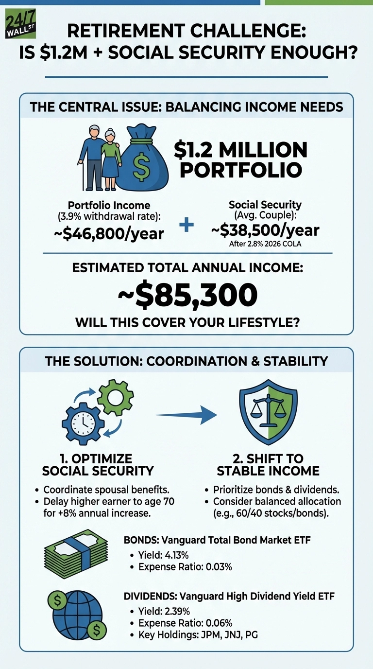 An infographic titled 'RETIREMENT CHALLENGE: IS $1.2M + SOCIAL SECURITY ENOUGH?'. The top section, 'THE CENTRAL ISSUE: BALANCING INCOME NEEDS', features an illustration of an elderly couple next to a money bag with a dollar sign. Text states a '$1.2 MILLION PORTFOLIO' provides '~$46,800/year' at a 3.9% withdrawal rate, and 'Social Security (Avg. Couple): ~$38,500/year' after a 2.8% 2026 COLA, leading to an 'ESTIMATED TOTAL ANNUAL INCOME: ~$85,300'. The section concludes with the question 'WILL THIS COVER YOUR LIFESTYLE?'. The bottom section, 'THE SOLUTION: COORDINATION & STABILITY', outlines two steps. Step 1, 'OPTIMIZE SOCIAL SECURITY', is represented by interconnected gears and a clock, listing bullet points to 'Coordinate spousal benefits' and 'Delay higher earner to age 70 for +8% annual increase'. Step 2, 'SHIFT TO STABLE INCOME', is depicted with a balance scale icon, advising to 'Prioritize bonds & dividends' and 'Consider balanced allocation (e.g., 60/40 stocks/bonds)'. Further details are provided for 'BONDS: Vanguard Total Bond Market ETF' (Yield: 4.13%, Expense Ratio: 0.03%) and 'DIVIDENDS: Vanguard High Dividend Yield ETF' (Yield: 2.39%, Expense Ratio: 0.06%, Key Holdings: JPM, JNJ, PG). The infographic uses a color palette of blue, green, and white.