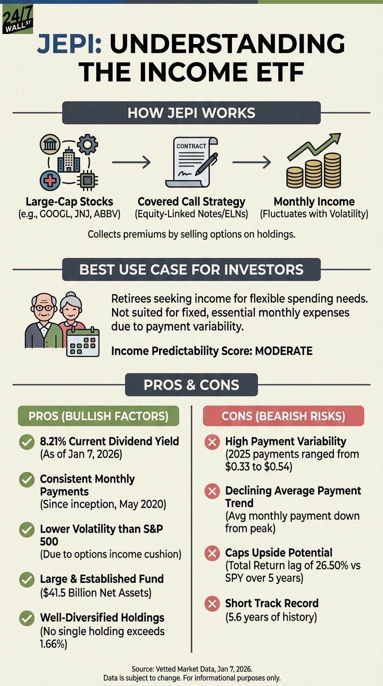 An infographic titled 'JEPI: Understanding The Income ETF' with three main sections. The 'How JEPI Works' section shows a flow from large-cap stocks to a covered call strategy using Equity-Linked Notes, resulting in monthly income. The 'Best Use Case for Investors' section depicts an elderly couple with a calendar and states JEPI is for retirees seeking flexible income, not fixed expenses, with a moderate predictability score. The 'Pros &amp; Cons' section lists five pros with green checkmarks, including an 8.21% current dividend yield, consistent monthly payments, lower volatility, large fund size ($41.5B), and well-diversified holdings. It also lists four cons with red 'x' marks, including high payment variability, declining average payment trend, capped upside potential, and a short track record. The source is Vetted Market Data, Jan 7, 2026.