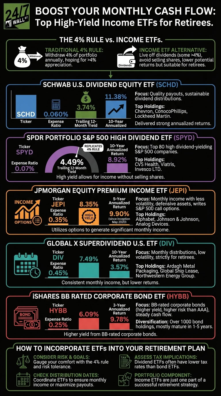 An infographic explaining high-yield income ETFs for retirees, comparing them to the 4% withdrawal rule. It lists details for SCHD, SPYD, JEPI, DIV, and HYBB, and provides tips for incorporating ETFs into retirement plans.