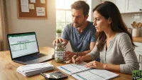 A focused couple sits at a wooden table reviewing personal finances. A man, wearing a blue t-shirt, holds a glass jar labeled 'Emergency Savings' filled with money. A woman, in a gray long-sleeve shirt, writes in a planner next to a laptop displaying an 'Emergency Fund Goal' spreadsheet. A calculator, stacked envelopes, and a corkboard with notes, including 'Dave Ramsey', are also visible in the background.