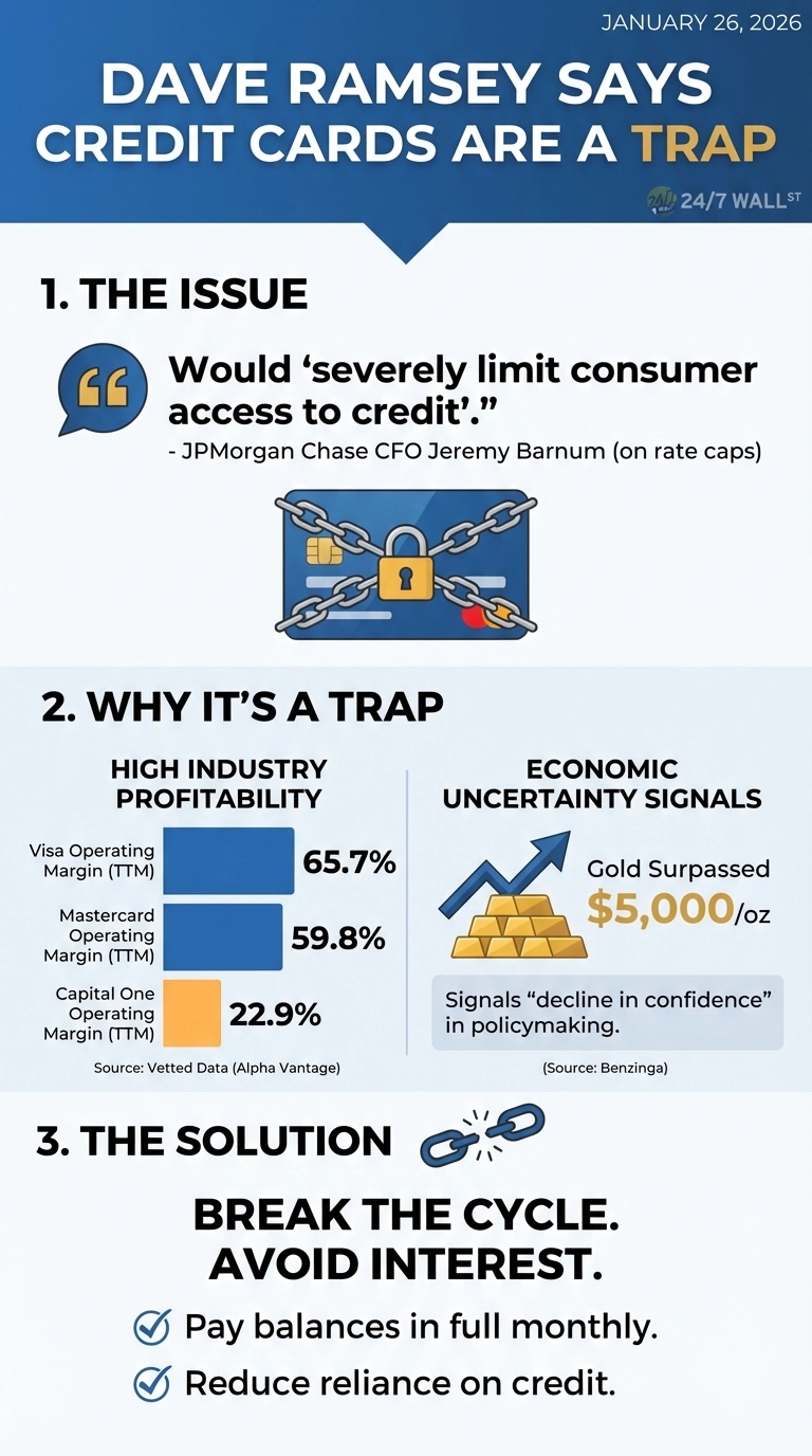 An infographic titled 'Dave Ramsey Says Credit Cards Are a Trap' dated January 26, 2026. It features three sections. '1. THE ISSUE' includes a quote about limiting consumer credit access and an image of a credit card chained with a padlock. '2. WHY IT'S A TRAP' presents a bar chart with Visa Operating Margin at 65.7%, Mastercard at 59.8%, and Capital One at 22.9%, alongside an icon of an upward arrow over gold bars stating 'Gold Surpassed $5,000/oz' signaling 'decline in confidence in policymaking.' '3. THE SOLUTION' shows a broken chain link icon and lists two points: 'Pay balances in full monthly' and 'Reduce reliance on credit.'