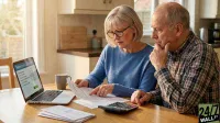 A Caucasian woman with short gray hair and glasses, wearing a blue sweater, points to a paper on a light wooden table. An older Caucasian man with short gray hair and a plaid shirt sits beside her, resting his chin in his hand and looking towards the paper. A silver laptop displaying a "Retirement Calculator" screen is open on the left, next to a gray coffee mug. A black calculator and a stack of white envelopes are also on the table. The background shows a sunlit kitchen window and cabinet.