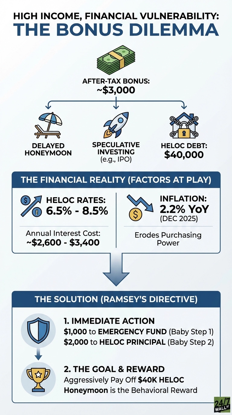 An infographic titled 'High Income, Financial Vulnerability: The Bonus Dilemma' shows a stack of cash labeled 'After-Tax Bonus: ~$3,000' at the top. This branches into three choices: 'Delayed Honeymoon' with an umbrella icon, 'Speculative Investing (e.g., IPO)' with a rocket icon, and 'HELOC Debt: $40,000' with a locked house icon. Below, a section titled 'The Financial Reality (Factors at Play)' shows 'HELOC Rates: 6.5% - 8.5%' with an associated 'Annual Interest Cost: ~$2,600 - $3,400', and 'Inflation: 2.2% YoY (DEC 2025)' stating 'Erodes Purchasing Power'. A downward arrow leads to 'The Solution (Ramsey's Directive)', which lists '1. IMMEDIATE ACTION' with a shield icon, recommending '$1,000 to EMERGENCY FUND (Baby Step 1)' and '$2,000 to HELOC PRINCIPAL (Baby Step 2)'. The second point, '2. THE GOAL & REWARD' with a trophy icon, states 'Aggressively Pay Off $40K HELOC' and 'Honeymoon is the Behavioral Reward'.