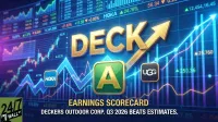 A digital financial dashboard with a dark blue background features various glowing charts, numbers, and stock data in blue, pink, and purple hues. In the center, large 3D golden letters spell 'DECK', with a large golden arrow pointing diagonally upwards and to the right, signifying growth. Below 'DECK', a green square with a golden 'A' logo and a black square with a white 'UGG' logo are visible. To the left, a blue square with a white 'HOKA' logo is present. The bottom of the image has text that reads 'EARNINGS SCORECARD' and 'DECKERS OUTDOOR CORP. Q3 2026 BEATS ESTIMATES.' The overall scene is dynamic and suggests strong financial performance.