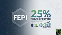 A financial graphic promoting the FEPI ETF. On the left, 'FEPI' is prominently displayed in white text within a translucent hexagonal outline against a dark blue geometric background. On the right, large green and blue gradient numbers '25%' are followed by 'ANNUAL DISTRIBUTION' and 'INCOME FROM OPTIONS PREMIUMS.' Below this, the Apple and NVIDIA logos lead to a large green arrow, an upward trend line, and stacked gold coins, symbolizing growth and profit. Text beneath reads 'BIG TECH COVERED CALLS'. The background transitions from dark blue to light grey with a faint geometric pattern. A '24/7 WALL ST' logo is in the bottom right corner.
