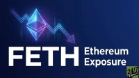A glowing blue and purple Ethereum logo is positioned in the upper left corner of a dark blue background with a subtle grid. A light blue and purple glowing line chart with an arrow points sharply downwards from near the logo. Below, large white text reads 'FETH' and to its right, 'Ethereum Exposure' in smaller white text. A '24/7 WALL ST' logo is in the bottom right.
