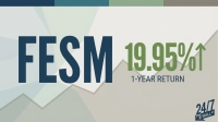 A financial graphic featuring the ticker symbol FESM in large dark blue letters. To its right, '19.95%' is displayed in green with an upward arrow, indicating positive growth. Below that, '1-YEAR RETURN' is stated. The background contains abstract light green and gray geometric shapes, suggesting an upward market trend. A '24/7 WALL ST' logo is visible in the bottom right corner.