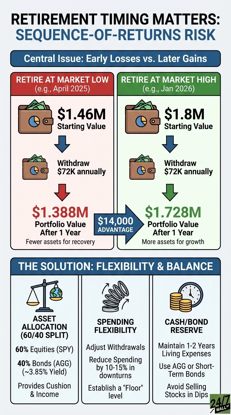 An infographic titled 'Retirement Timing Matters: Sequence-of-Returns Risk' is presented, divided into two main sections: 'Central Issue: Early Losses vs. Later Gains' and 'The Solution: Flexibility & Balance.' The 'Central Issue' section compares two scenarios. On the left, 'Retire at Market Low (e.g., April 2025)' shows a $1.46M starting value, $72K annual withdrawal, leading to a $1.388M portfolio value after 1 year, with fewer assets for recovery. On the right, 'Retire at Market High (e.g., Jan 2026)' shows a $1.8M starting value, $72K annual withdrawal, resulting in a $1.728M portfolio value after 1 year, with more assets for growth. An arrow indicates a '$14,000 ADVANTAGE' for retiring at a market high. The 'Solution: Flexibility & Balance' section provides three columns: 'Asset Allocation (60/40 Split)' suggesting 60% Equities (SPY) and 40% Bonds (AGG, ~3.85% Yield) for cushion and income; 'Spending Flexibility' advising to adjust withdrawals, reduce spending by 10-15% in downturns, and establish a 'Floor' level; and 'Cash/Bond Reserve' recommending maintaining 1-2 years living expenses using AGG or short-term bonds, and avoiding selling stocks in dips.