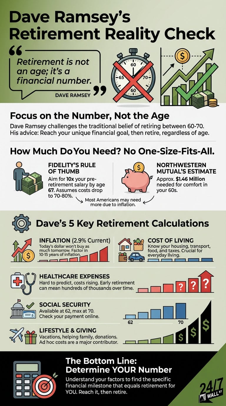 An infographic from Dave Ramsey's 'Retirement Reality Check' features text, illustrations of financial growth, a crossed-out stopwatch indicating age isn't the primary factor, and sections on key retirement calculations like inflation, cost of living, and healthcare.