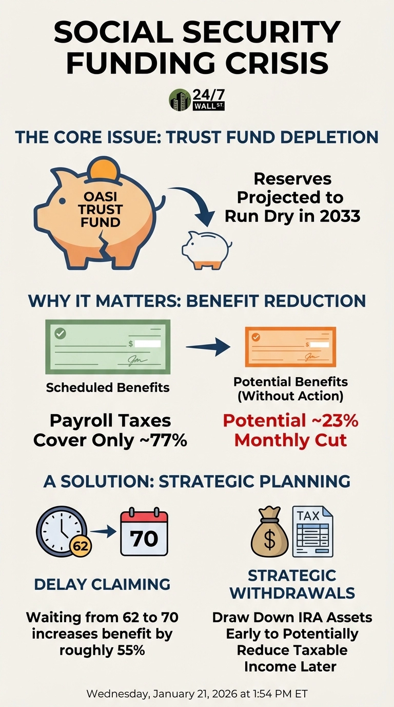 An infographic titled 'Social Security Funding Crisis' by 24/7 Wall St. It is divided into three sections. 'The Core Issue: Trust Fund Depletion' shows a large, cracked piggy bank labeled 'OASI TRUST FUND' with an arrow pointing to a smaller, nearly empty piggy bank. Text below states 'Reserves Projected to Run Dry in 2033'. 'Why It Matters: Benefit Reduction' displays a green check labeled 'Scheduled Benefits' with an arrow pointing to an orange check labeled 'Potential Benefits (Without Action)'. Accompanying text indicates 'Payroll Taxes Cover Only ~77%' and a 'Potential ~23% Monthly Cut'. 'A Solution: Strategic Planning' presents two options: 'Delay Claiming' with an icon of a clock showing '62' and an arrow pointing to a calendar showing '70', explaining 'Waiting from 62 to 70 increases benefit by roughly 55%'; and 'Strategic Withdrawals' with an icon of a money bag and a tax document, explaining 'Draw Down IRA Assets Early to Potentially Reduce Taxable Income Later'.