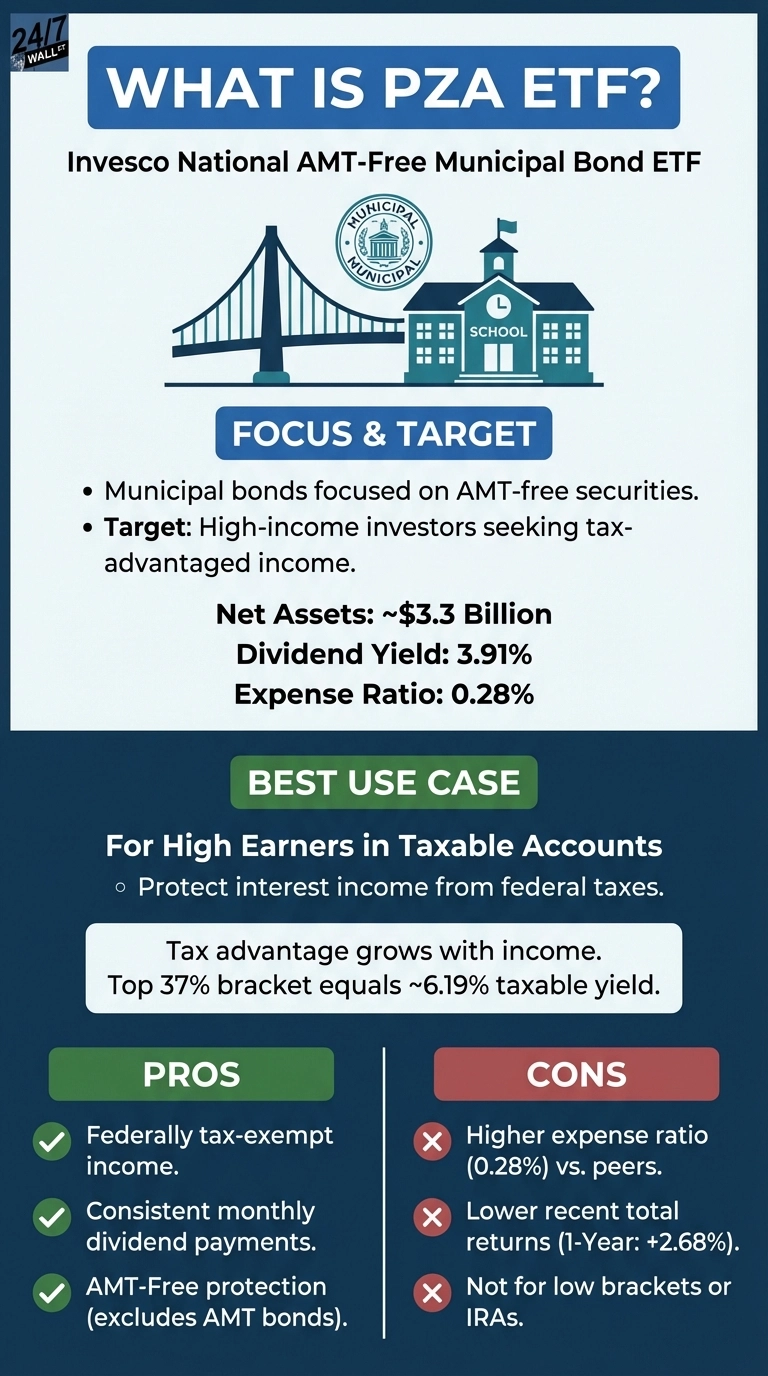 An infographic titled 'WHAT IS PZA ETF?' providing information on the Invesco National AMT-Free Municipal Bond ETF. The upper section features a graphic illustration of a bridge and a school building. Text sections include 'FOCUS & TARGET' outlining municipal bonds focused on AMT-free securities and targeting high-income investors, along with key metrics: Net Assets ~$3.3 Billion, Dividend Yield: 3.91%, Expense Ratio: 0.28%. A 'BEST USE CASE' section highlights its value for high earners in taxable accounts to protect interest income from federal taxes, noting a 37% bracket equals ~6.19% taxable yield. The bottom section presents 'PROS' with three green checkmarks: Federally tax-exempt income, Consistent monthly dividend payments, and AMT-Free protection. Opposite are 'CONS' with three red X marks: Higher expense ratio (0.28%) vs. peers, Lower recent total returns (1-Year: +2.68%), and Not for low brackets or IRAs. The overall color scheme is dark blue, light blue, white, green, and red.