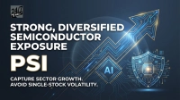 A graphic featuring white and gold text on a dark blue background. The text reads '24/7 WALL ST' logo, 'STRONG, DIVERSIFIED SEMICONDUCTOR EXPOSURE', 'PSI' in large gold and white letters, and 'CAPTURE SECTOR GROWTH. AVOID SINGLE-STOCK VOLATILITY.' Stylized circuit board lines form a large upward-pointing arrow on the right, with a glowing blue 'AI' symbol at its center and a shielded microchip icon at the bottom right.