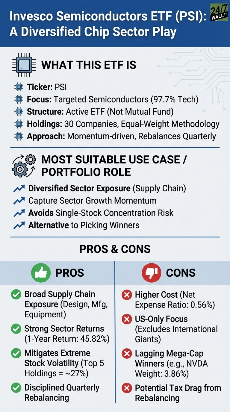 An infographic titled 'Invesco Semiconductors ETF (PSI): A Diversified Chip Sector Play' set against a blue and light gray background with circuit board graphics. The infographic is divided into three sections. The first, 'What This ETF Is,' lists its Ticker: PSI, Focus: Targeted Semiconductors (97.7% Tech), Structure: Active ETF, Holdings: 30 Companies with Equal-Weight Methodology, and Approach: Momentum-driven, Rebalances Quarterly. The second section, 'Most Suitable Use Case / Portfolio Role,' details its purpose for Diversified Sector Exposure, capturing Sector Growth Momentum, avoiding Single-Stock Concentration Risk, and serving as an Alternative to Picking Winners. The third section, 'Pros & Cons,' lists four pros with green checkmarks: Broad Supply Chain Exposure, Strong Sector Returns (1-Year Return: 45.82%), Mitigates Extreme Stock Volatility (Top 5 Holdings = ~27%), and Disciplined Quarterly Rebalancing. It also lists four cons with red X's: Higher Cost (Net Expense Ratio: 0.56%), US-Only Focus (Excludes International Giants), Lagging Mega-Cap Winners (e.g., NVDA Weight: 3.86%), and Potential Tax Drag from Rebalancing.