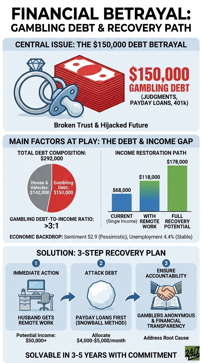 An infographic titled 'Financial Betrayal: Gambling Debt & Recovery Path' details a $150,000 gambling debt crisis. The top section shows a wedding ring, a baby pacifier, and a stack of red bills totaling '$150,000 GAMBLING DEBT (JUDGMENTS, PAYDAY LOANS, 401k)', with the subtitle 'Broken Trust & Hijacked Future'. The middle section, 'MAIN FACTORS AT PLAY: THE DEBT & INCOME GAP', presents a pie chart showing total debt of $292,000, split into $142,000 for House & Vehicles (grey) and $150,000 for Gambling Debt (red), with a Gambling Debt-to-Income Ratio of '>3:1'. Beside it, a bar chart illustrates 'INCOME RESTORATION PATH' with current income at $68,000 (single income, blue), $118,000 with remote work (blue-green gradient), and $178,000 full recovery potential (green). The economic backdrop is noted as Sentiment 52.9 (Pessimistic) and Unemployment 4.4% (Stable). The bottom section, 'SOLUTION: 3-STEP RECOVERY PLAN', outlines: 1. IMMEDIATE ACTION: Husband gets remote work for $50,000+ potential income. 2. ATTACK DEBT: Payday loans first using the snowball method, allocating $4,000-$5,000/month. 3. ENSURE ACCOUNTABILITY: Gamblers Anonymous & Financial Transparency to address the root cause. The infographic concludes that the problem is 'SOLVABLE IN 3-5 YEARS WITH COMMITMENT'.