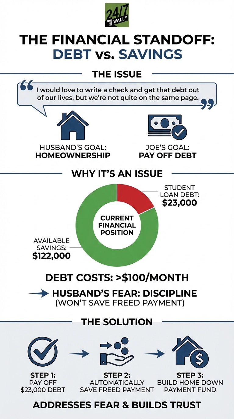 An infographic titled 'THE FINANCIAL STANDOFF: DEBT vs. SAVINGS'. It presents 'THE ISSUE' with a quote about differing financial views, showing the Husband's Goal: Homeownership (represented by a house icon) and Joe's Goal: Pay Off Debt (represented by money with a checkmark). Below, 'WHY IT'S AN ISSUE' features a donut chart labeled 'CURRENT FINANCIAL POSITION', with a large green section for 'AVAILABLE SAVINGS: $122,000' and a smaller red section for 'STUDENT LOAN DEBT: $23,000'. Text notes 'DEBT COSTS: >$100/MONTH' and 'HUSBAND'S FEAR: DISCIPLINE (WON'T SAVE FREED PAYMENT)'. 'THE SOLUTION' is presented in three steps: Step 1: Pay Off $23,000 Debt (checkmark icon), Step 2: Automatically Save Freed Payment (hand with coins icon), and Step 3: Build Home Down Payment Fund (house with dollar sign icon). The infographic concludes with 'ADDRESSES FEAR & BUILDS TRUST'.