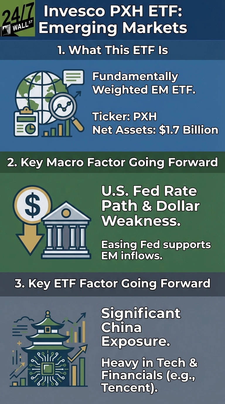 A three-part infographic titled 'Invesco PXH ETF: Emerging Markets'. Section 1, 'What This ETF Is', describes it as a Fundamentally Weighted EM ETF with Ticker: PXH and Net Assets: $1.7 Billion. It features icons of a globe, magnifying glass over a chart, document, and bar graphs. Section 2, 'Key Macro Factor Going Forward', notes 'U.S. Fed Rate Path & Dollar Weakness' and 'Easing Fed supports EM inflows', with an icon of a dollar sign with a down arrow next to a building. Section 3, 'Key ETF Factor Going Forward', states 'Significant China Exposure' and 'Heavy in Tech & Financials (e.g., Tencent)', with an icon of a Chinese pagoda-like building featuring a circuit board design, surrounded by rising bar graphs.