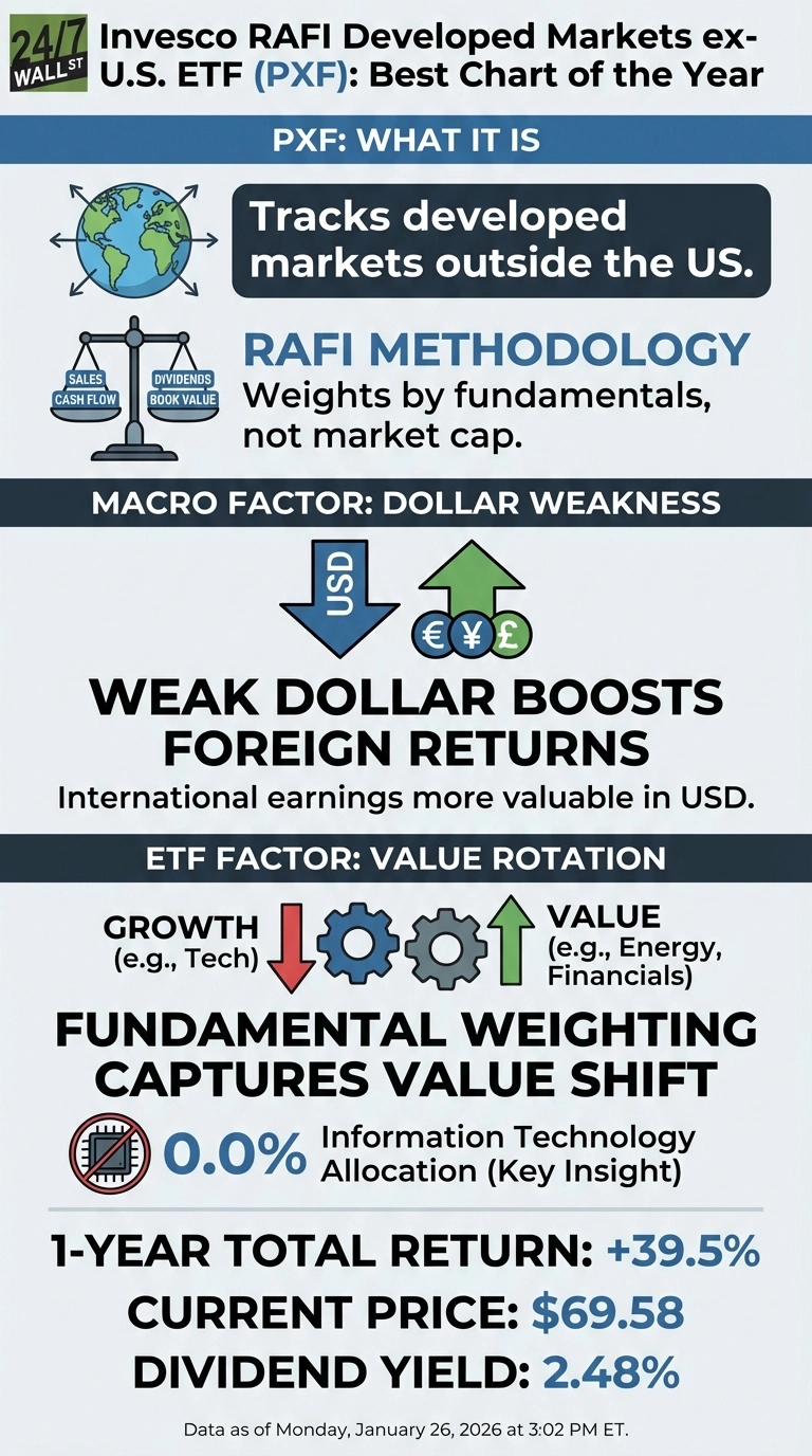 An infographic detailing the Invesco RAFI Developed Markets ex-U.S. ETF (PXF). The top section defines PXF, showing a globe for tracking developed markets ex-US, and a scale for fundamental weighting based on sales, cash flow, dividends, and book value. The middle section explains dollar weakness, with a downward blue arrow for USD and an upward green arrow for EUR, JPY, and GBP, stating 