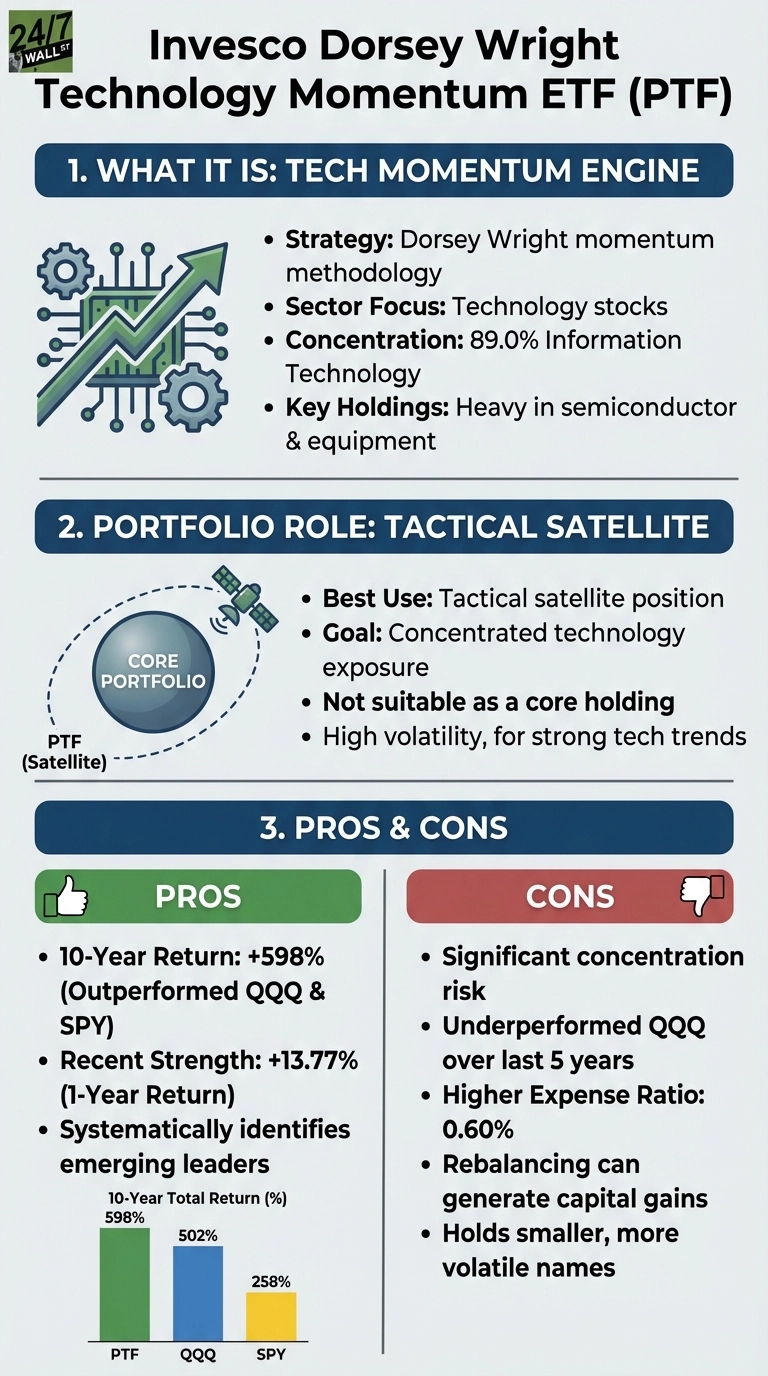 An infographic titled 'Invesco Dorsey Wright Technology Momentum ETF (PTF)' is divided into three sections. Section 1, 'WHAT IT IS: TECH MOMENTUM ENGINE,' describes the strategy as Dorsey Wright momentum methodology, a sector focus on Technology stocks with 89.0% concentration in Information Technology, and key holdings heavy in semiconductor and equipment, accompanied by an icon of a circuit board with an upward trending arrow. Section 2, 'PORTFOLIO ROLE: TACTICAL SATELLITE,' explains its best use as a tactical satellite position, a goal of concentrated technology exposure, that it is not suitable as a core holding, and for high volatility in strong tech trends, with an icon showing a satellite orbiting a 'CORE PORTFOLIO' sphere labeled PTF (Satellite). Section 3, 'PROS & CONS,' presents two columns. The green 'PROS' column, with a thumbs-up icon, lists a 10-Year Return of +598% (outperforming QQQ & SPY), Recent Strength of +13.77% (1-Year Return), and systematic identification of emerging leaders, illustrated by a bar chart showing 10-Year Total Return percentages for PTF (598%), QQQ (502%), and SPY (258%). The red 'CONS' column, with a thumbs-down icon, notes significant concentration risk, underperformance against QQQ over last 5 years, a Higher Expense Ratio of 0.60%, that rebalancing can generate capital gains, and that it holds smaller, more volatile names.