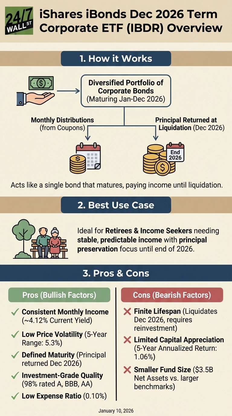 An infographic titled 'iShares iBonds Dec 2026 Term Corporate ETF (IBDR) Overview' from 24/7 Wall St. The graphic is divided into three sections: '1. How it Works', '2. Best Use Case', and '3. Pros & Cons'. Section 1, 'How it Works', uses a flowchart to show a diversified portfolio of corporate bonds maturing Jan-Dec 2026, leading to monthly distributions from coupons and principal returned at liquidation in Dec 2026. A note states it 'Acts like a single bond that matures, paying income until liquidation.' Section 2, 'Best Use Case', features an illustration of two elderly people on a bench and describes the ETF as 'Ideal for Retirees & Income Seekers needing stable, predictable income with principal preservation focus until end of 2026.' Section 3, 'Pros & Cons', lists 'Pros (Bullish Factors)' with green checkmarks and 'Cons (Bearish Factors)' with red 'X' marks. Pros include Consistent Monthly Income (~4.12% Current Yield), Low Price Volatility (5-Year Range: 5.3%), Defined Maturity (Principal returned Dec 2026), Investment-Grade Quality (98% rated A, BBB, AA), and Low Expense Ratio (0.10%). Cons include Finite Lifespan (Liquidates Dec 2026, requires reinvestment), Limited Capital Appreciation (5-Year Annualized Return: 1.06%), and Smaller Fund Size ($3.5B Net Assets vs. larger benchmarks). The infographic is dated 'January 10, 2026'.
