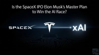 A dark, high-tech background featuring a glowing blue circuit board pattern. White text at the top reads: 'Is the SpaceX IPO Elon Musk's Master Plan to Win the AI Race?'. Below, three prominent white logos are linked by glowing blue lines: 'SPACEX' on the left, the stylized 'Tesla' logo in the center, and 'xAI' on the right. A small '24/7 WALL ST' logo is visible in the bottom right corner.