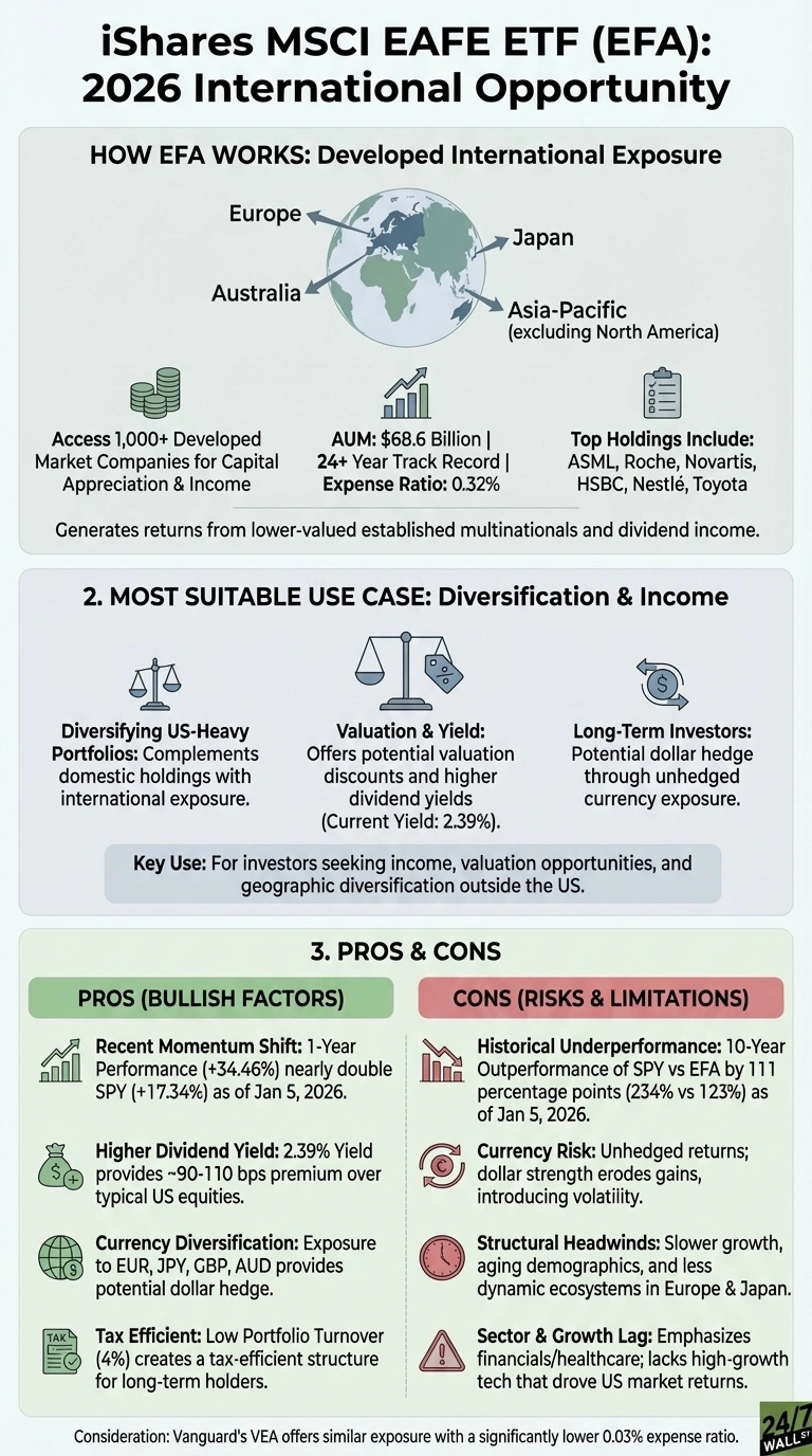 An infographic titled 'iShares MSCI EAFE ETF (EFA): 2026 International Opportunity' presented in three main sections. The first section, 'How EFA Works,' features a globe diagram indicating exposure to Europe, Japan, Australia, and Asia-Pacific (excluding North America), alongside text stating it provides access to over 1,000 developed market companies, has an AUM of $68.6 Billion, a 24+ year track record, and a 0.32% expense ratio. Top holdings listed include ASML, Roche, Novartis, HSBC, Nestlé, and Toyota. The second section, 'Most Suitable Use Case,' highlights diversifying US-heavy portfolios, offers potential valuation discounts and higher dividend yields (current 2.39%), and benefits long-term investors seeking a dollar hedge through unhedged currency exposure. The third section, 'Pros &amp; Cons,' is split into two columns: 'Pros (Bullish Factors)' lists recent momentum shift (1-year performance of +34.46% nearly double SPY's +17.34% as of Jan 5, 2026), a higher dividend yield (2.39%), currency diversification (exposure to EUR, JPY, GBP, AUD), and tax efficiency (4% portfolio turnover). The 'Cons (Risks &amp; Limitations)' column lists historical underperformance (10-year underperformance vs SPY by 111 percentage points), currency risk, structural headwinds (slower growth, aging demographics), and sector &amp; growth lag (emphasizing financials/healthcare over high-growth tech). A final note mentions Vanguard's VEA as offering similar exposure with a significantly lower 0.03% expense ratio.