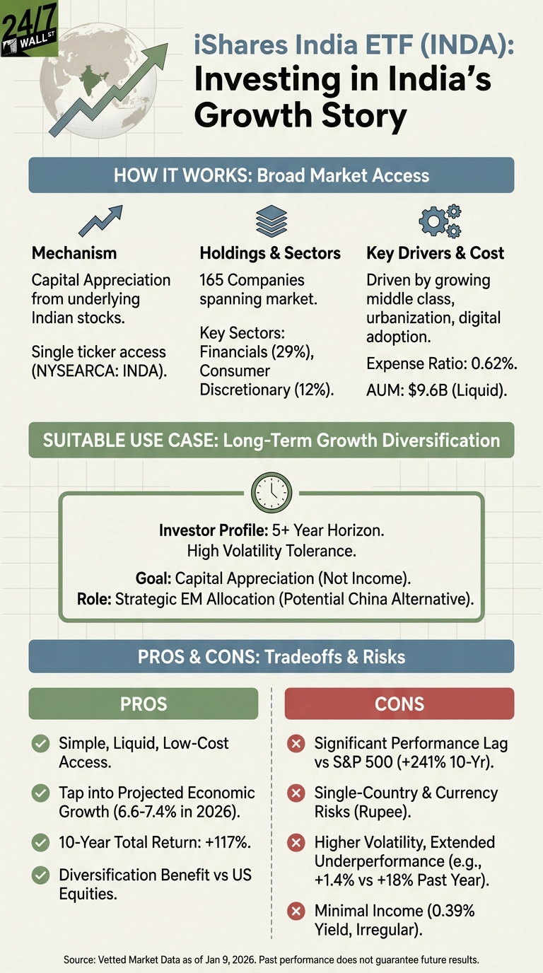 An infographic titled 'iShares India ETF (INDA): Investing in India's Growth Story'. It features sections on 'How It Works' describing mechanism, holdings, key drivers, and cost, including 165 companies, Financials (29%), Consumer Discretionary (12%), expense ratio of 0.62%, and AUM of $9.6B. The 'Suitable Use Case' is long-term growth diversification for investors with a 5+ year horizon, high volatility tolerance, seeking capital appreciation and strategic emerging market allocation. The 'Pros &amp; Cons' section lists: Pros such as simple, liquid, low-cost access, projected economic growth (6.6-7.4% in 2026), 10-year total return of +117%, and diversification benefit. Cons include significant performance lag vs S&amp;P 500 (+241% 10-Yr), single-country and currency risks, higher volatility and underperformance (+1.4% vs +18% past year), and minimal income (0.39% yield). The infographic includes a globe icon with an upward arrow and checkmark/x mark icons.