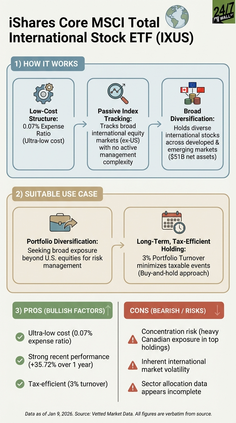 An infographic titled 'iShares Core MSCI Total International Stock ETF (IXUS)'. It is divided into three main sections. Section 1, 'HOW IT WORKS', explains its low-cost structure (0.07% expense ratio), passive index tracking of ex-US international equity markets, and broad diversification across developed and emerging markets ($51B net assets). Section 2, 'SUITABLE USE CASE', lists portfolio diversification beyond U.S. equities and long-term, tax-efficient holding (3% portfolio turnover). Section 3 presents 'PROS (BULLISH FACTORS)' including ultra-low cost, strong recent performance (+35.72% over 1 year), and tax efficiency. Adjacent to this are 'CONS (BEARISH / RISKS)', which list concentration risk (heavy Canadian exposure), inherent international market volatility, and incomplete sector allocation data. The infographic uses icons for each point and a clean, sectioned layout.