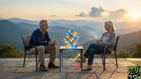An older man and woman sit in chairs on a stone patio overlooking a mountain range at sunset, each holding a mug. Between them, a small table holds a modern sculpture of interlocking blue and orange translucent blocks. Beneath the table, a holographic projection displays two line graphs: one rising with a yellow arrow and one falling with a red arrow. The couple is smiling and appears to be in conversation.