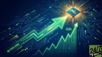 A digital illustration of a circuit board with glowing blue lines. A prominent green upward-pointing arrow and a rising green stock chart dominate the foreground, showing a price of '$345'. A glowing microchip with the 'MU' logo is at the top right, surrounded by golden light. The words 'MU STOCK SURGE' are visible on the bottom left, and a '24/7 WALL ST' logo is in the bottom right.