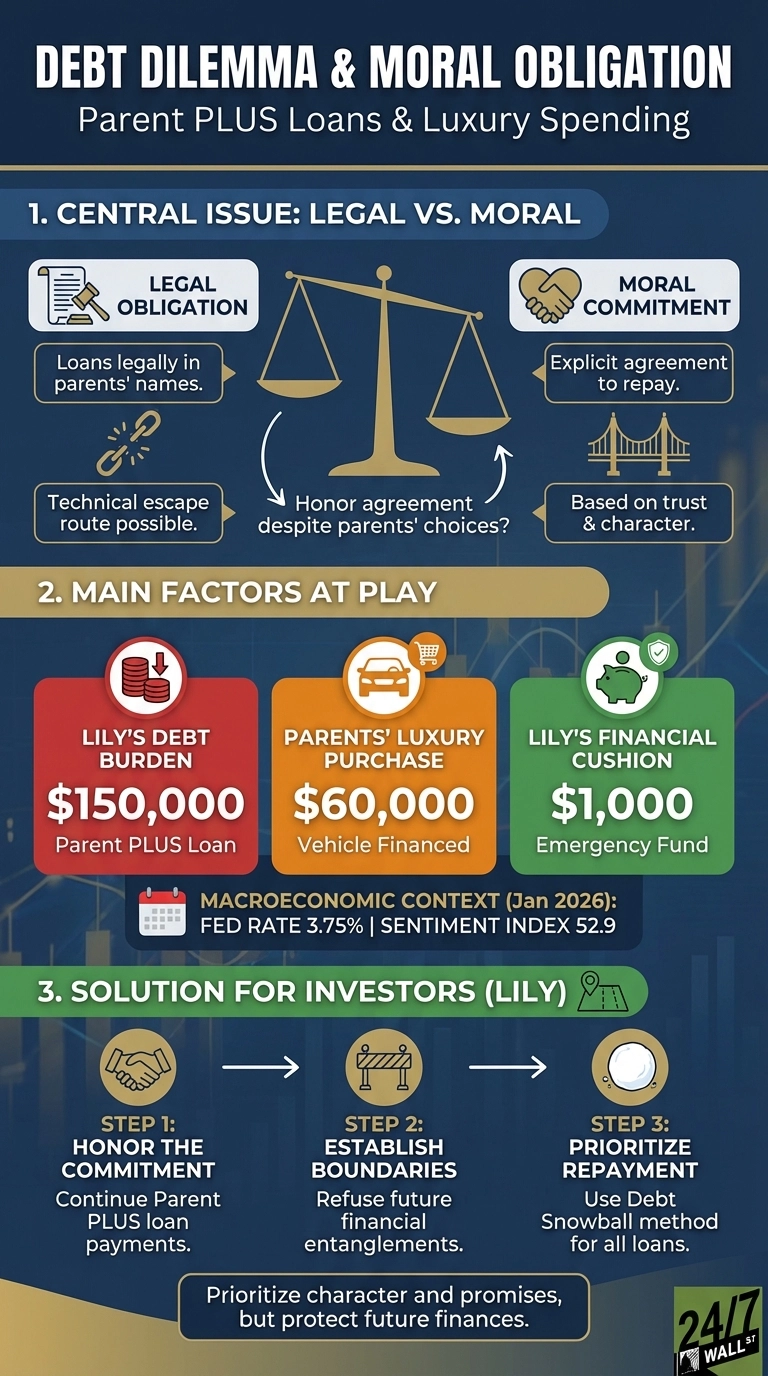 An infographic titled 'Debt Dilemma & Moral Obligation' presents a personal finance scenario involving Parent PLUS Loans and luxury spending. The central issue is 'Legal vs. Moral,' depicted by scales of justice balancing 'Legal Obligation' (loans in parents' names, technical escape possible) and 'Moral Commitment' (explicit agreement, based on trust), questioning whether to honor agreements despite parents' choices. Key factors include Lily's $150,000 Parent PLUS Loan debt, her parents' $60,000 financed luxury car purchase, and Lily's $1,000 emergency fund. The macroeconomic context for January 2026 notes a FED Rate of 3.75% and a Sentiment Index of 52.9. The proposed solution for Lily involves three steps: Step 1 'Honor the Commitment' by continuing loan payments, Step 2 'Establish Boundaries' by refusing future financial entanglements, and Step 3 'Prioritize Repayment' using the Debt Snowball method for all loans. The overall message is to 'Prioritize character and promises, but protect future finances.'