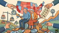 An illustration features an elderly couple on piles of coins, symbolizing retirement savings, with a US map behind them. Hands in suits are shown manipulating their finances, adding and removing money, adjusting housing scales, and attaching a price tag labeled 'NY CA IL MA $$$$' to their savings, highlighting the impact of state taxes and costs.