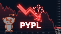 A red-themed graphic against a dark background with a blurred red stock chart. A large, glowing red downward arrow points to the broken white text 'PYPL'. Above the arrow, a broken red piggy bank icon is visible. To the left, a sad Reddit Snoo icon has a red 'no' symbol over it. The bottom right corner features the '24/7 WALL ST' logo.