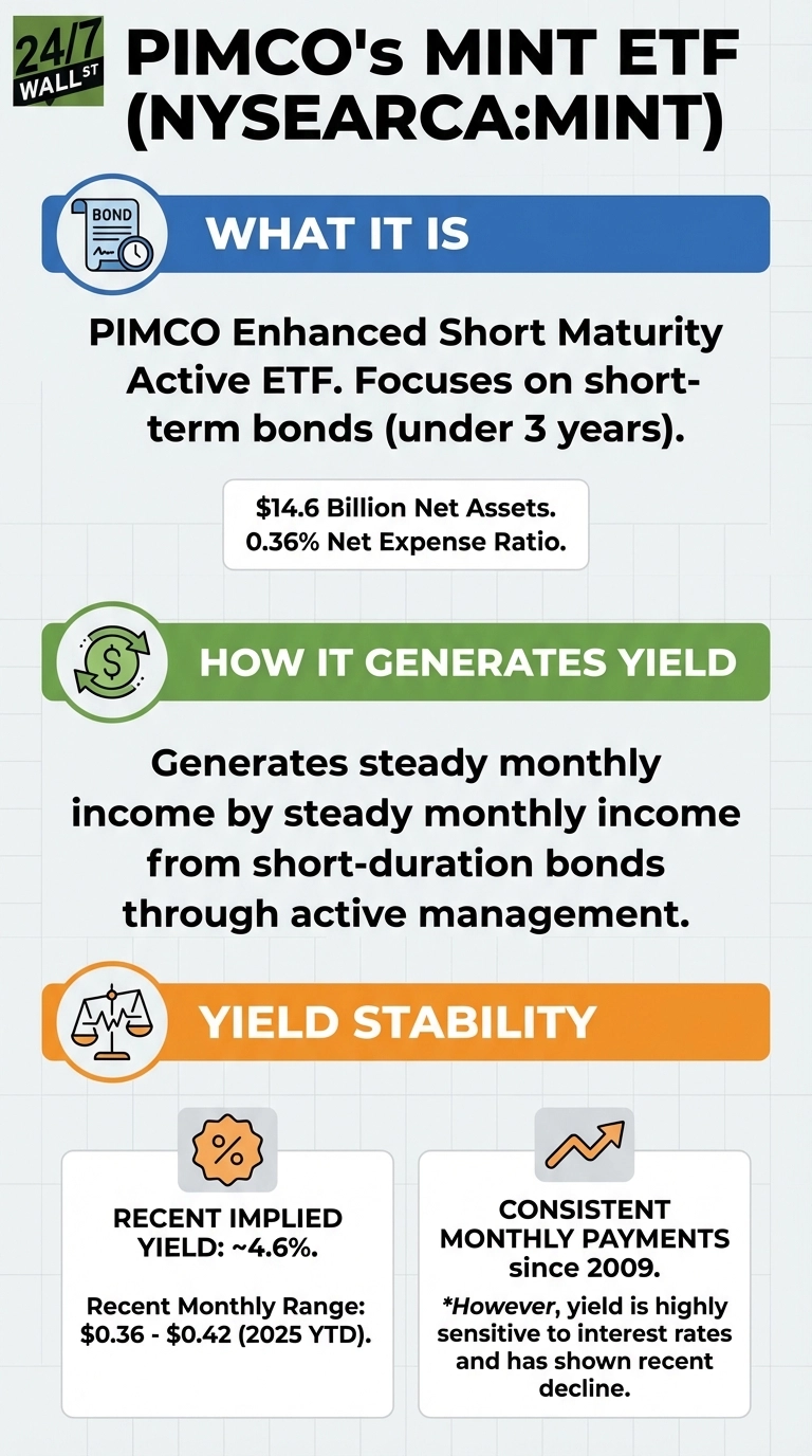 An infographic titled 'PIMCO's MINT ETF (NYSEARCA:MINT)' presents information across three main sections. The first section, 'WHAT IT IS,' describes the ETF as PIMCO Enhanced Short Maturity Active ETF, focusing on short-term bonds (under 3 years), with $14.6 Billion Net Assets and a 0.36% Net Expense Ratio. The second section, 'HOW IT GENERATES YIELD,' states it generates steady monthly income from short-duration bonds via active management. The third section, 'YIELD STABILITY,' shows a 'RECENT IMPLIED YIELD: ~4.6%' with a recent monthly range of $0.36 - $0.42 (2025 YTD), and 'CONSISTENT MONTHLY PAYMENTS since 2009,' with a disclaimer that yield is highly sensitive to interest rates and has shown recent decline. Each section has a colored header and a corresponding icon.