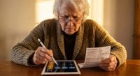 An older woman with glasses uses a stylus on a tablet calculator while holding a bank statement showing a balance of $2,071.