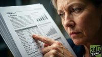 A close-up of an older woman looking concerned while pointing at a 'Monthly Income' table on a financial document.