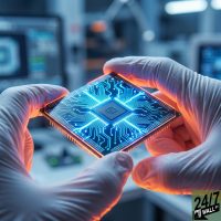 Close-up of gloved hands holding a glowing blue microchip in a laboratory setting.