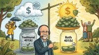 A cartoon comparing a rainy, tax-heavy Traditional 401(k) to a bright, prosperous Roth 401(k) with Dave Ramsey pointing the way to the latter.