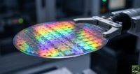 A robotic arm holds a circular silicon wafer covered in iridescent, rainbow-colored microchip patterns.