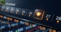 A digital calendar display with a glowing orange notification bell on a specific date over a background of stock market ticker data.