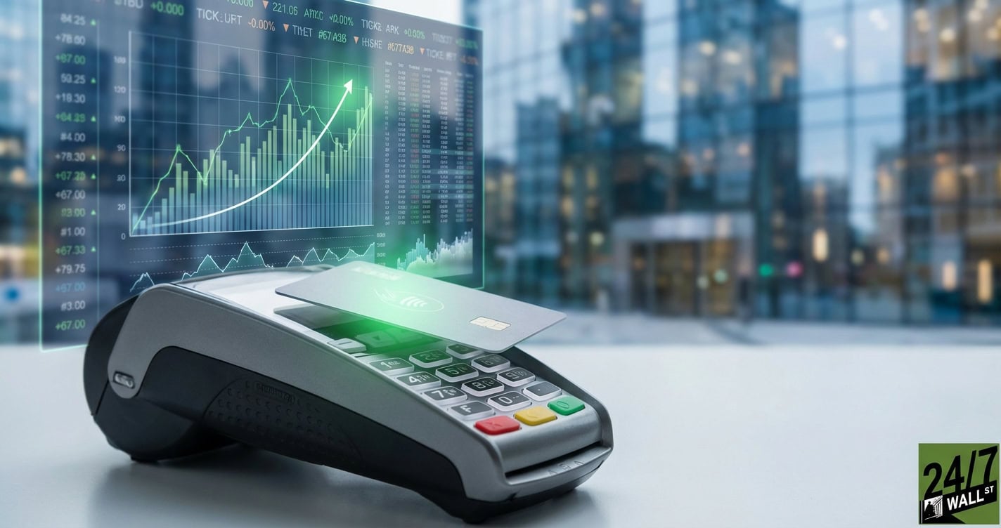 A payment terminal with a credit card resting on it, featuring a holographic financial chart with a rising green arrow hovering above.