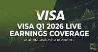 A green financial graphic with stock market charts and tickers, featuring text for Visa Q1 2026 live earnings coverage.