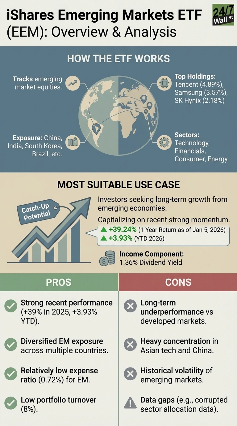 An infographic titled 'iShares Emerging Markets ETF (EEM): Overview &amp; Analysis'. The top section, 'HOW THE ETF WORKS', features a world map with pointers illustrating that EEM tracks emerging market equities, has exposure to countries like China, India, South Korea, and Brazil, and lists top holdings like Tencent (4.89%) and Samsung (3.57%), across sectors like Technology and Financials. The middle section, 'MOST SUITABLE USE CASE', displays an upward trending bar chart labeled 'Catch-Up Potential' and text indicating the ETF is for investors seeking long-term growth from emerging economies, capitalizing on recent strong momentum with a +39.24% 1-Year Return (as of Jan 5, 2026) and +3.93% YTD 2026, alongside a 1.36% Dividend Yield. The bottom section is divided into 'PROS' (green checks) and 'CONS' (red crosses or exclamation mark). Pros include strong recent performance (+39% in 2025, +3.93% YTD), diversified EM exposure, a relatively low expense ratio (0.72%), and low portfolio turnover (8%). Cons include long-term underperformance vs. developed markets, heavy concentration in Asian tech and China, historical volatility, and data gaps.