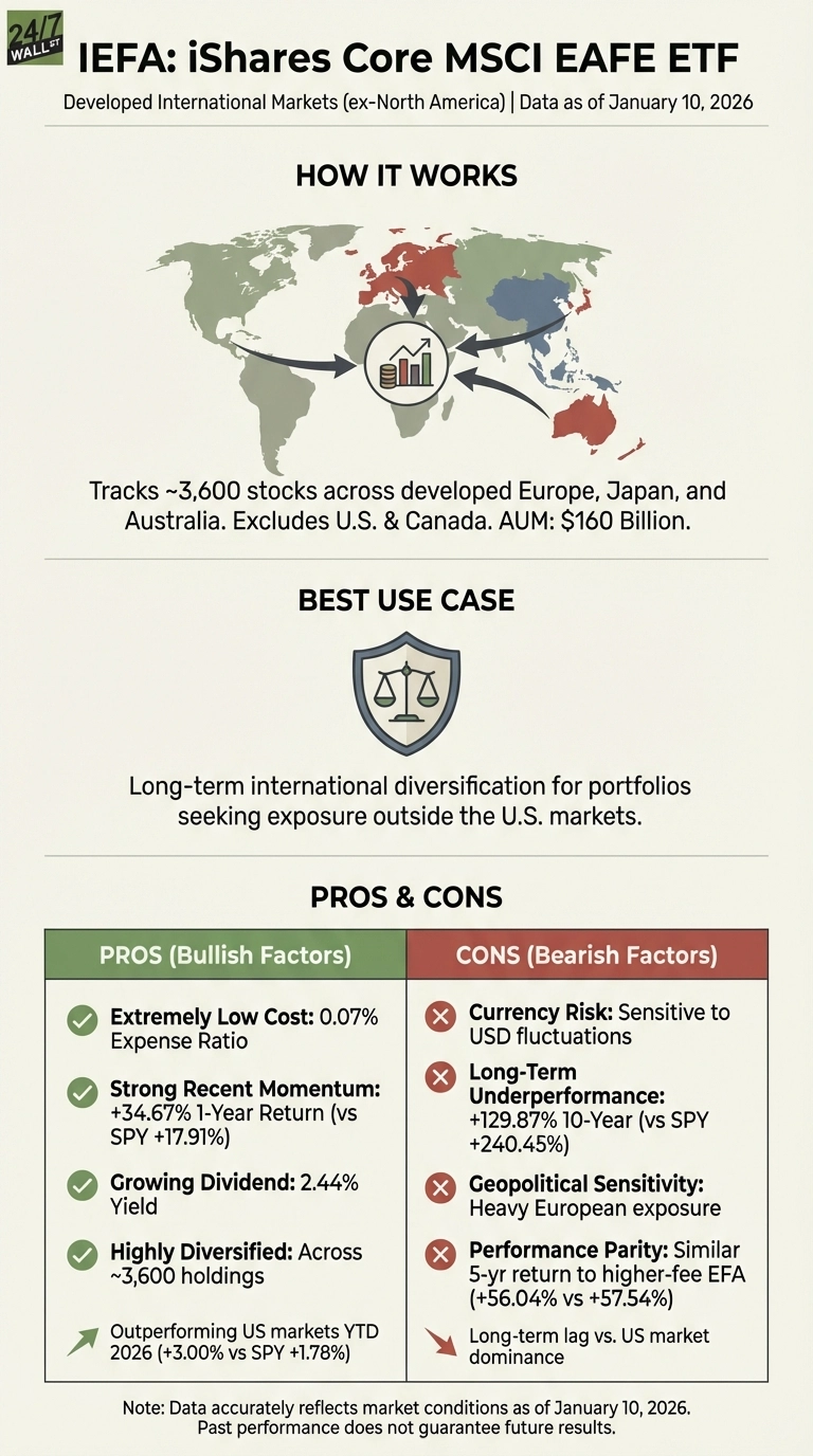 An infographic titled 'IEFA: iShares Core MSCI EAFE ETF' providing an overview of the ETF. The 'How It Works' section displays a world map highlighting Europe, Japan, and Australia, stating it tracks approximately 3,600 stocks in these developed regions, excluding U.S. &amp; Canada, with $160 Billion in Assets Under Management. The 'Best Use Case' section features a shield with scales icon and describes long-term international diversification for portfolios seeking exposure outside U.S. markets. The 'Pros &amp; Cons' section is divided into two columns: 'PROS (Bullish Factors)' with green checkmarks lists 'Extremely Low Cost: 0.07% Expense Ratio', 'Strong Recent Momentum: +34.67% 1-Year Return', 'Growing Dividend: 2.44% Yield', 'Highly Diversified: Across ~3,600 holdings', and 'Outperforming US markets YTD 2026 (+3.00% vs SPY +1.78%)'. The 'CONS (Bearish Factors)' with red 'X' marks lists 'Currency Risk: Sensitive to USD fluctuations', 'Long-Term Underperformance: +129.87% 10-Year (vs SPY +240.45%)', 'Geopolitical Sensitivity: Heavy European exposure', and 'Performance Parity: Similar 5-yr return to higher-fee EFA (+56.04% vs +57.54%)', and an arrow indicating 'Long-term lag vs. US market dominance'. A note at the bottom states data is as of January 10, 2026.