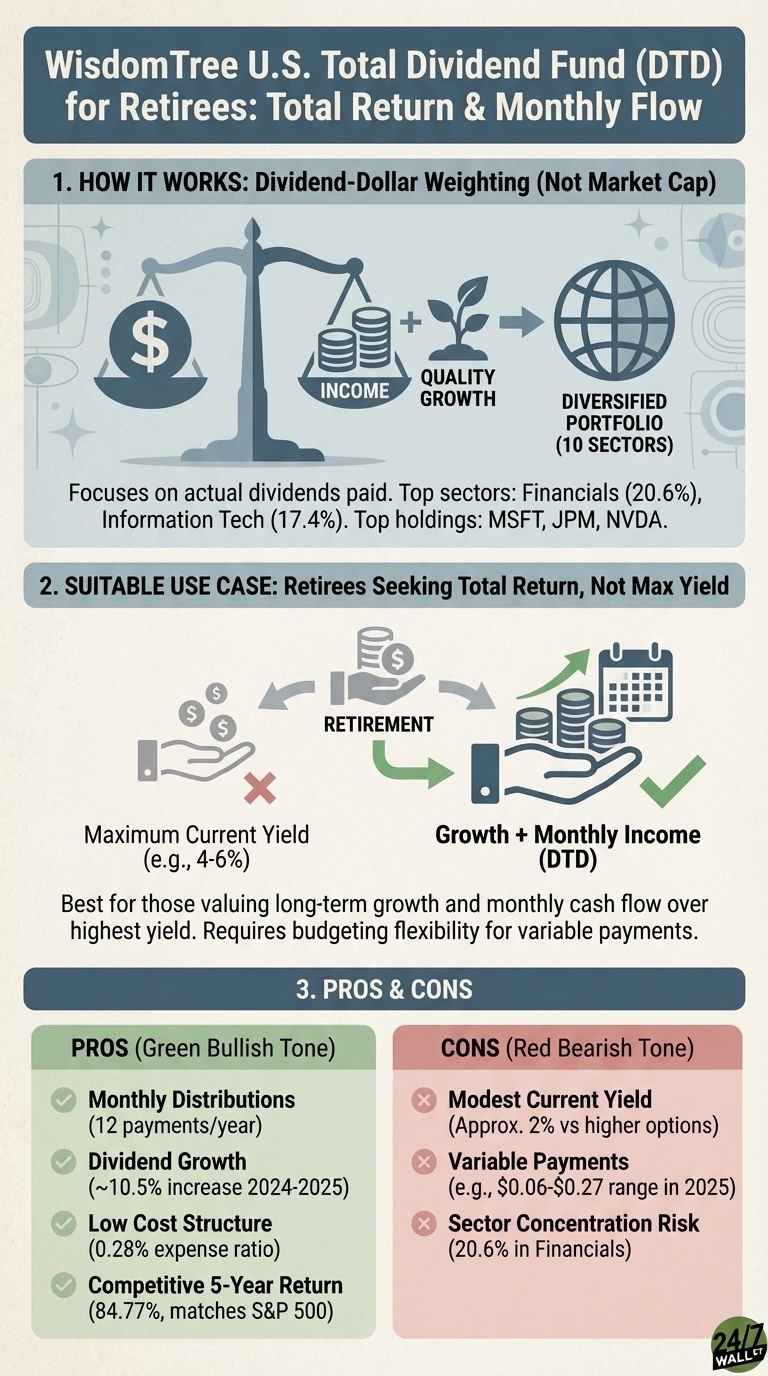An infographic titled 'WisdomTree U.S. Total Dividend Fund (DTD) for Retirees: Total Return & Monthly Flow'. It is divided into three sections.
1.  **HOW IT WORKS: Dividend-Dollar Weighting (Not Market Cap)**: Depicts a scale balancing a dollar sign on one side, and stacks of coins labeled 'INCOME' plus a growing plant labeled 'QUALITY GROWTH' on the other, leading to a globe labeled 'DIVERSIFIED PORTFOLIO (10 SECTORS)'. Text below explains it 'Focuses on actual dividends paid. Top sectors: Financials (20.6%), Information Tech (17.4%). Top holdings: MSFT, JPM, NVDA.'
2.  **SUITABLE USE CASE: Retirees Seeking Total Return, Not Max Yield**: Shows 'RETIREMENT' in the center. An arrow points left to a hand holding money with a red 'X', indicating 'Maximum Current Yield (e.g., 4-6%)' is not the focus. An arrow points right to a hand holding stacks of coins and a calendar with a green checkmark, indicating 'Growth + Monthly Income (DTD)'. Text below states: 'Best for those valuing long-term growth and monthly cash flow over highest yield. Requires budgeting flexibility for variable payments.'
3.  **PROS & CONS**: Two columns. 'PROS (Green Bullish Tone)' lists: 'Monthly Distributions (12 payments/year)', 'Dividend Growth (~10.5% increase 2024-2025)', 'Low Cost Structure (0.28% expense ratio)', 'Competitive 5-Year Return (84.77%, matches S&P 500)'. 'CONS (Red Bearish Tone)' lists: 'Modest Current Yield (Approx. 2% vs higher options)', 'Variable Payments (e.g., $0.06-$0.27 range in 2025)', 'Sector Concentration Risk (20.6% in Financials)'.